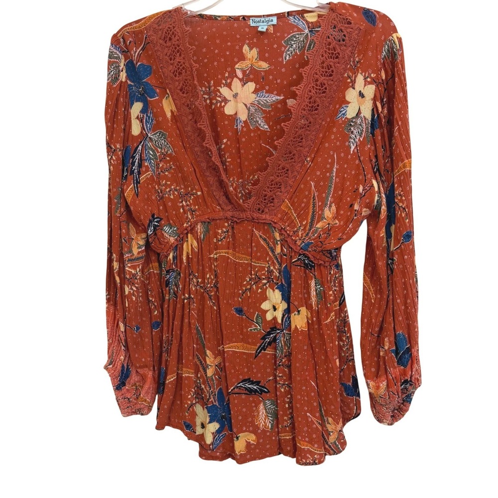Nostalgia Womens Floral Babydoll Top Rust Orange Crochet Lace V-Neck Small